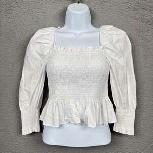 Zara Top Womens S White Smocked Romantic Feminine Milkmaid Preppy Clean Girl